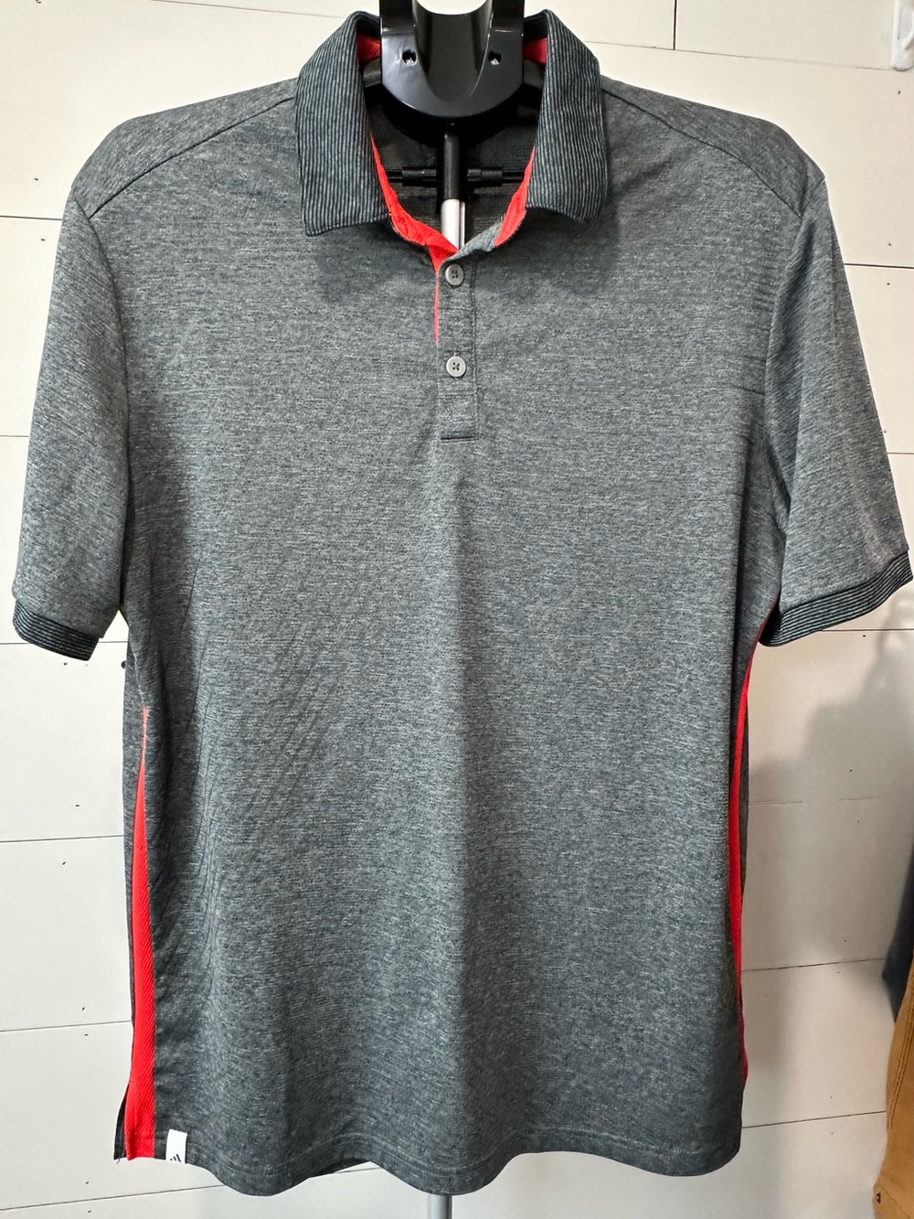 Adidas Golf Polo Shirt Heather Gray Red Stripe Accent Men’s Performance